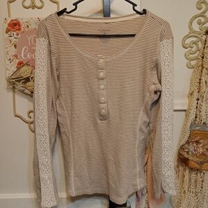 Sonoma Stripe Henley w/Lace Trimmed Sleeves
